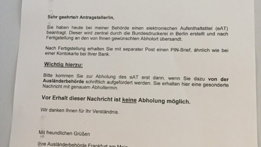 Termin für Niederlassungserlaubnis (Aufenthaltstitel) in Frankfurt wurde wahrgenommen