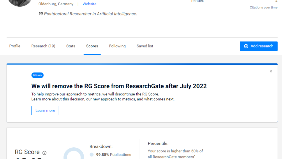 ResearchGate wird den RG Score nach Juli 2022 entfernen
